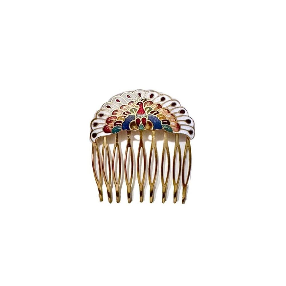 Cloisonné Peacock Hair Comb Side Comb Gold Tone Metal